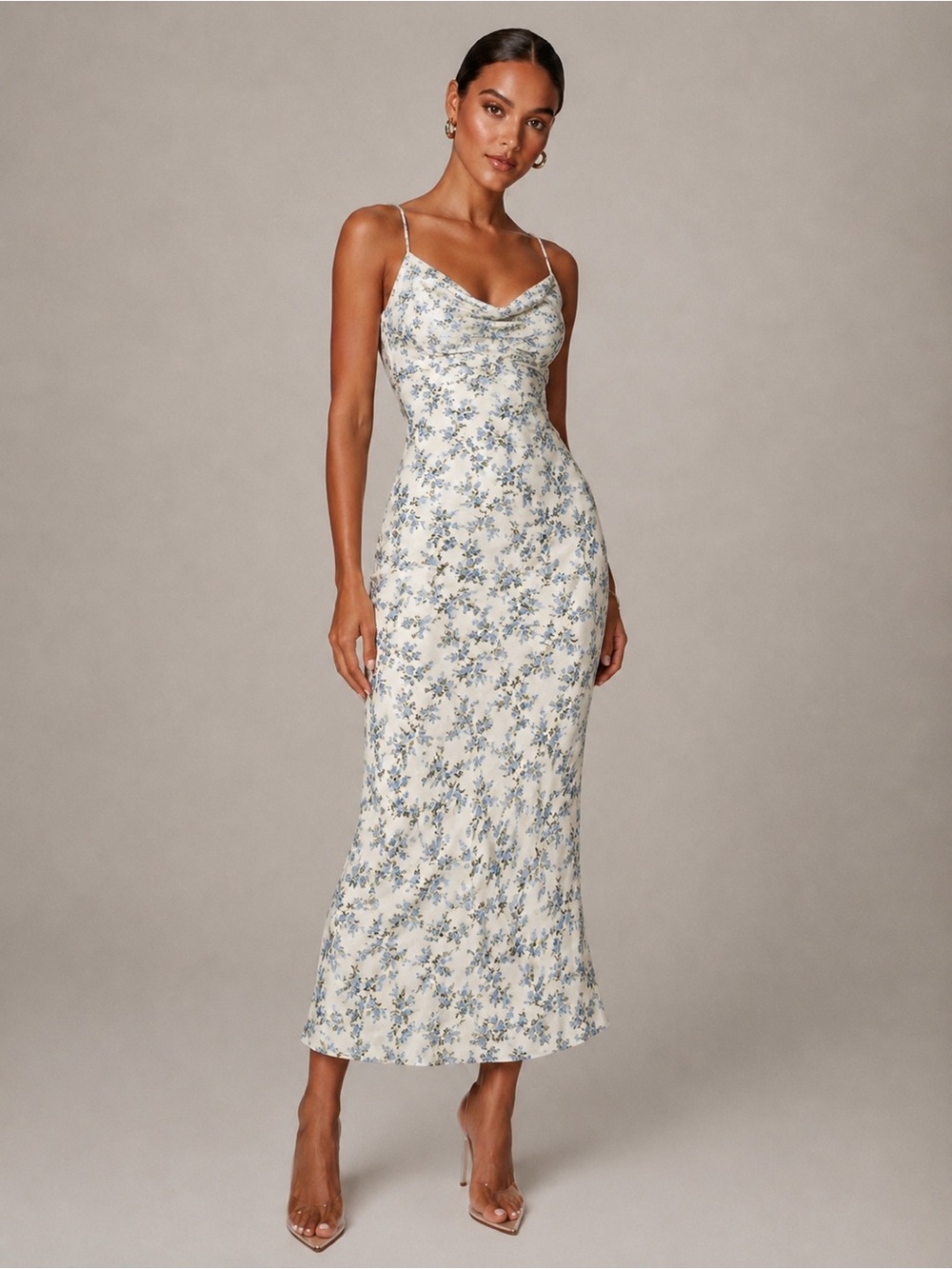 JLUXLABEL Cream Maxi Slip Dress with Blue Floral Print - NWOT - Size Small